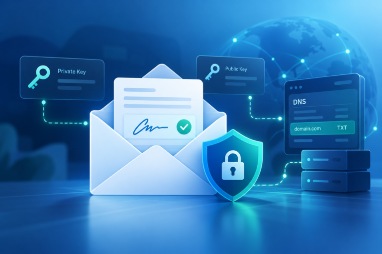 Illustration of a DKIM lookup verifying an email signature using a public key stored in DNS.